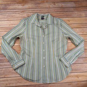 Gap Stretch M Shirt Open V Neck Button Front Fitted Blue Green Striped